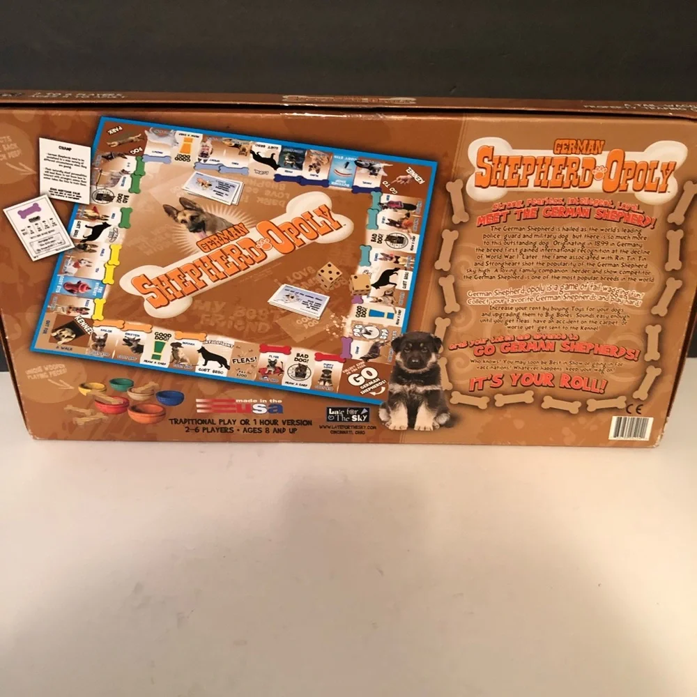 German Shepard Opoly Late for the Sky Tail Wagging Dog Property Board Game